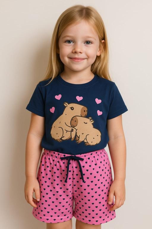 201 PIJAMA INFANTIL MEIA MANGA COM SHORT - CORAÇÃO MARINHO