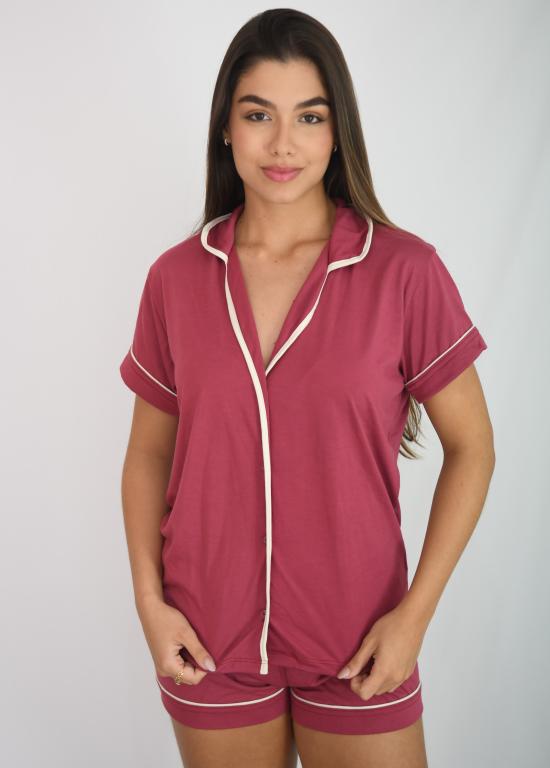 602 PIJAMA AMERICANO DE GOLA ABERTO CURTO LISO - FRAMBOEZA