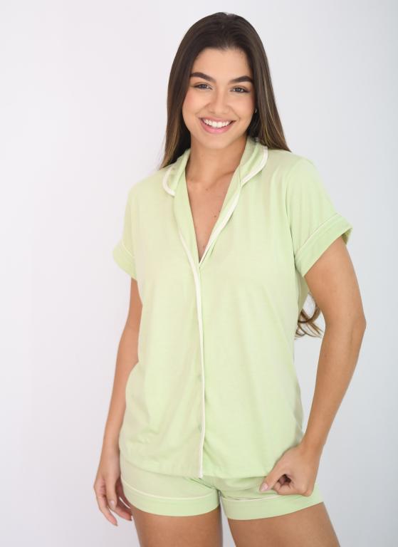 602 PIJAMA AMERICANO DE GOLA ABERTO CURTO LISO - PISTACHE