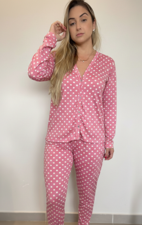 1016 PIJAMA ABERTO  ESTAMPADO LONGO SUEDE - ROSA BEBÊ