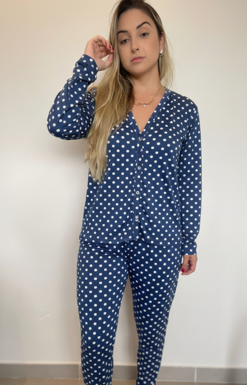 1016 PIJAMA ABERTO  ESTAMPADO LONGO SUEDE - MARINHO
