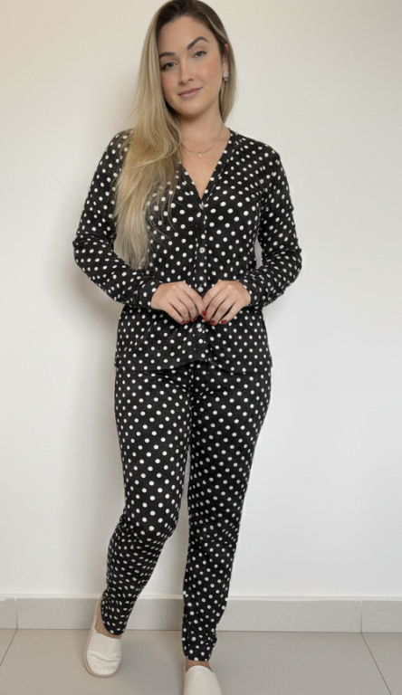 1016 PIJAMA ABERTO  ESTAMPADO LONGO SUEDE - PRETO