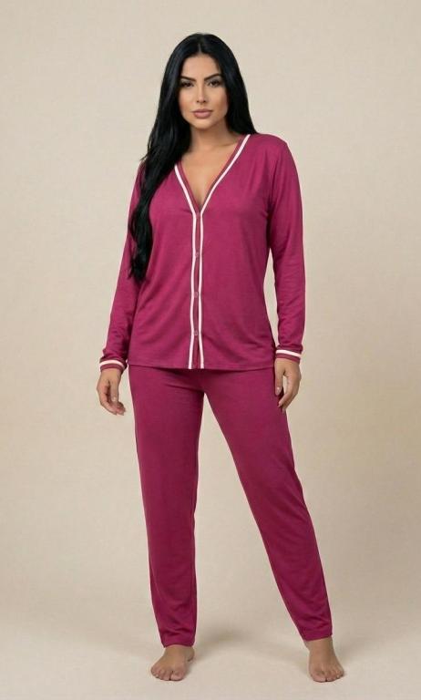 510 PIJAMA LONGO BLOGUEIRA ABERTO DE BOTAO LISO-FRAMBOESA
