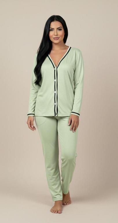 510 PIJAMA LONGO BLOGUEIRA ABERTO DE BOTAO LISO-PISTACHE
