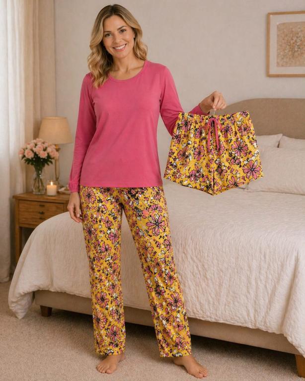 PIJAMA 03 PEÇAS SUEDE FECHADO + SHORT BORBOLETA COM ROSA BARROCO