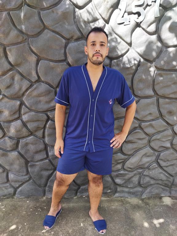 428 PIJAMA MASCULINO ABERTO COM BOTOES LISO - AZUL MARINHO
