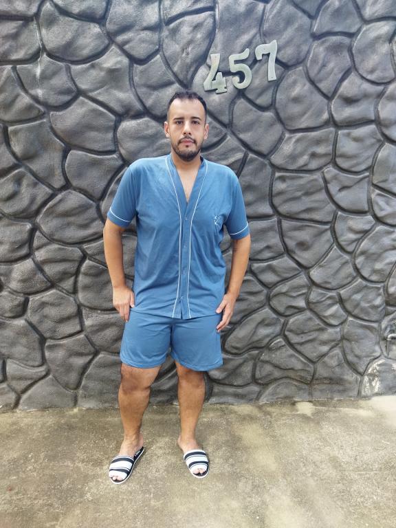 428 PIJAMA MASCULINO ABERTO COM BOTOES LISO - AZUL PETROLEO