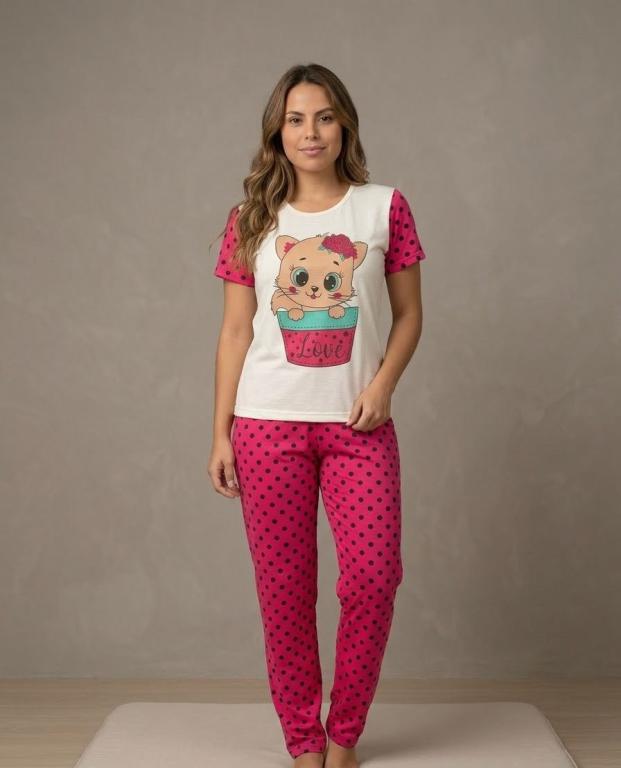 140 PIJAMA MEIA MANGA COM CALÇA ESTAMPADA - GATO