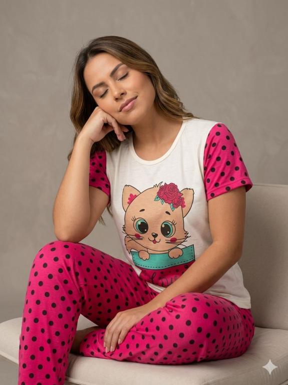 140 PIJAMA MEIA MANGA COM CALÇA ESTAMPADA - GATO