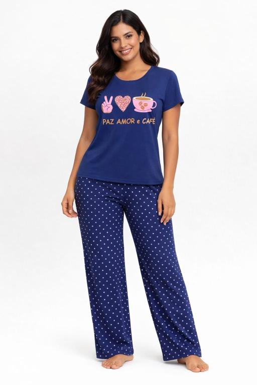 140 PIJAMA MEIA MANGA COM CALÇA ESTAMPADA- POÁ MARINHO
