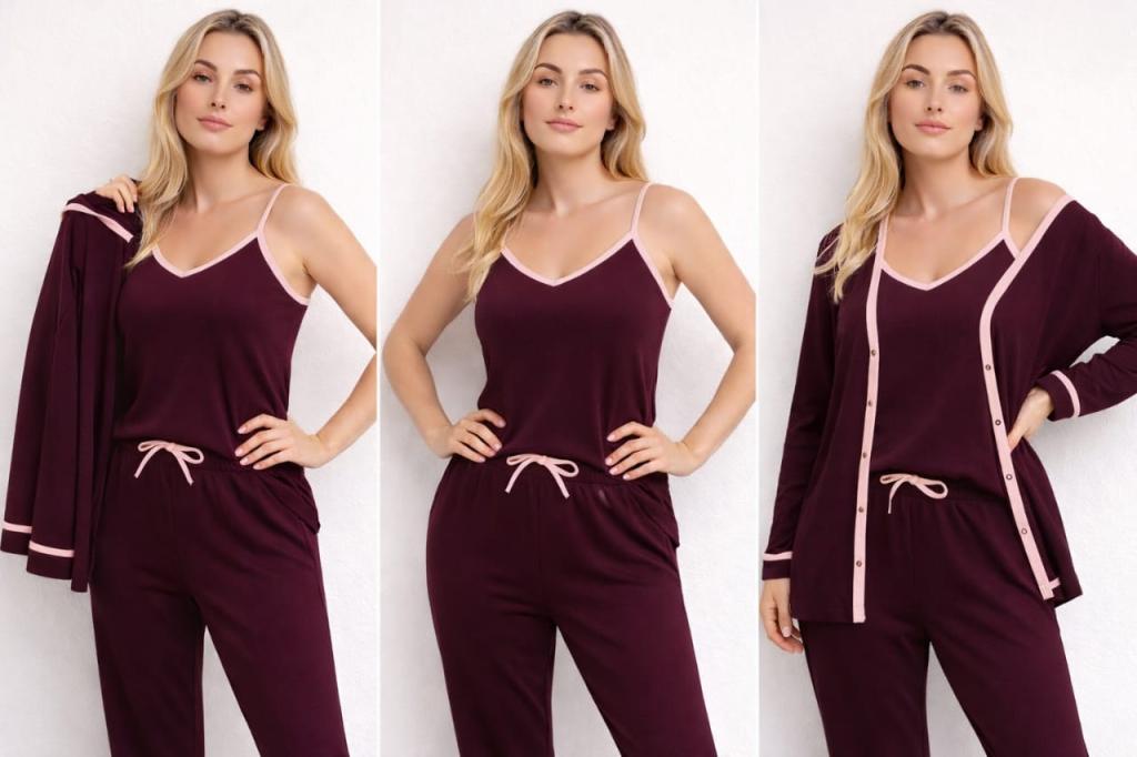 516 PIJAMA 3 PEÇAS ALÇA/MANGA LONGA E CALÇA - VINHO