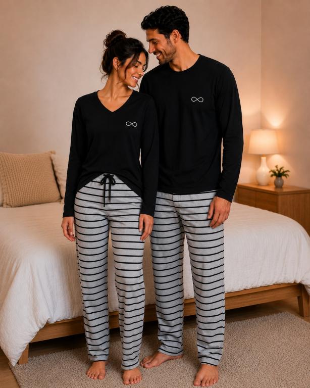 519 PIJAMA MASCULINO LONGO CALÇA LISTRADA INFINITO- PRETO