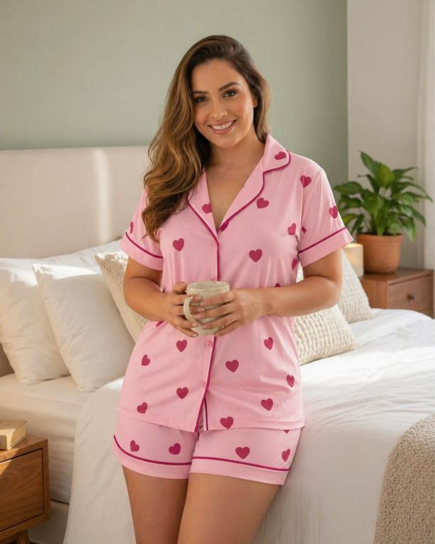 248 PIJAMA AMERICANO MALHA PV CURTO CORAÇÃO -ROSA
