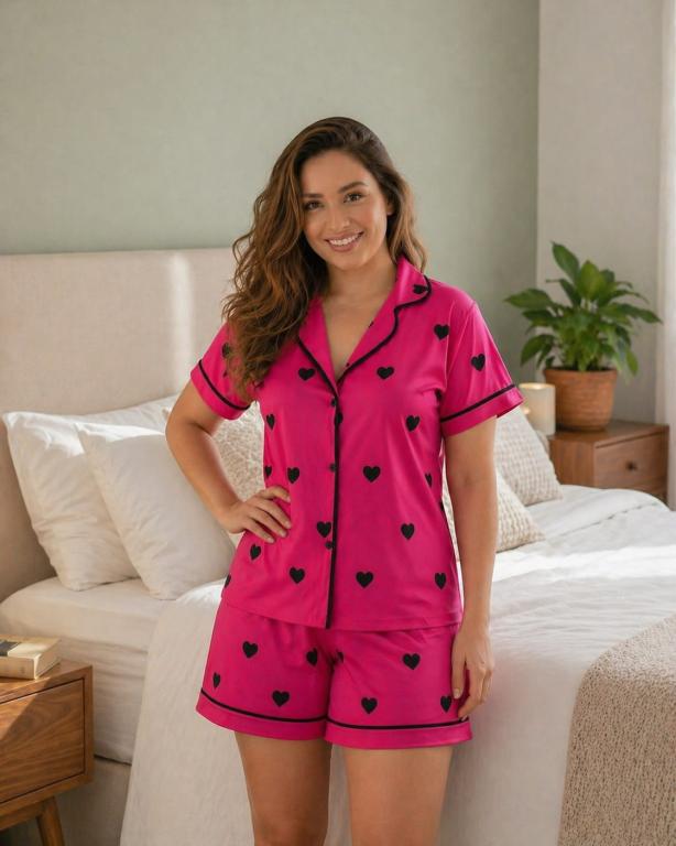 248 PIJAMA AMERICANO MALHA PV CURTO CORAÇÃO - PINK
