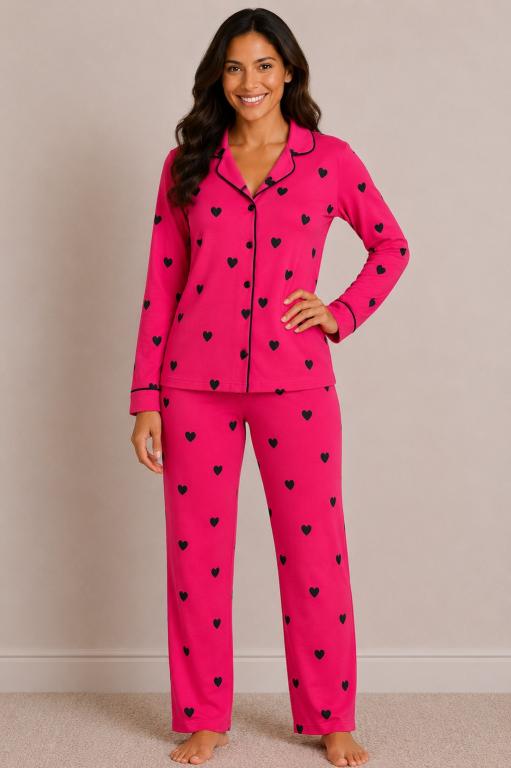 611 PIJAMA LONGO AMERICADO SUEDE - ROSA PINK CORAÇÃO
