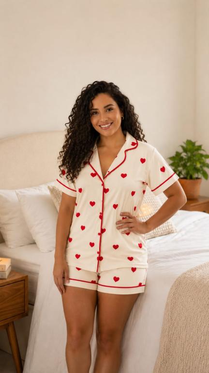 248 PIJAMA AMERICANO MALHA PV CURTO CORAÇÃO - VERMELHO