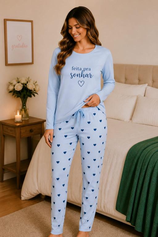 401 PIJAMA SUEDE LONGO FEITO PRA SONHAR - AZUL CEU