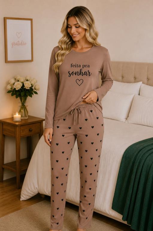401 PIJAMA SUEDE LONGO FEITO PRA SONHAR - MARROM CLARO