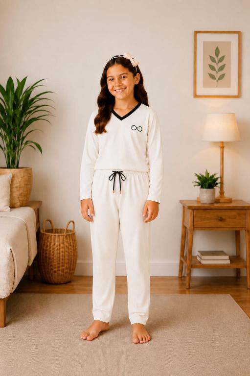 856 PIJAMA INFANTIL LONGO FEMININO MALHA PV- OFF WHITE