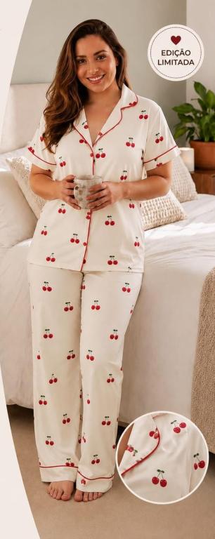 647 PIJAMA FEMININO MEIA MANGA COM CALÇA - CEREJA