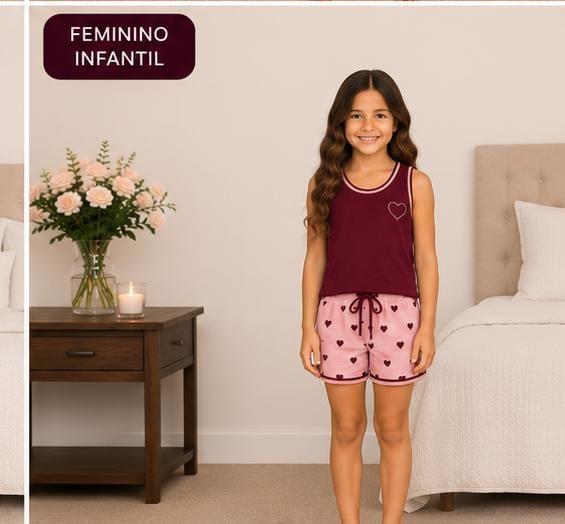 208 PIJAMA FEMININO INFANTIL REGATA - CORAÇÃO VINHO