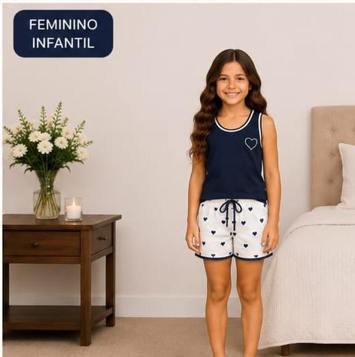 208 PIJAMA FEMININO INFANTIL REGATA- CORAÇÃO MARINHO