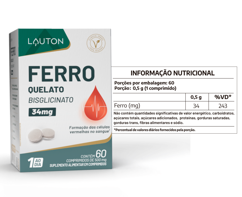 FERRO QUELATO BISGLICINATO 34mg 60 COMPRIMIDOS (1 ao dia) LAUTON