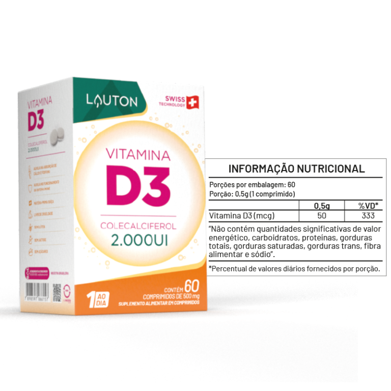 VITAMINA D3 - COLECALCIFEROL 2000UI - 60 COMPRIMIDOS (1 ao dia) LAUTON