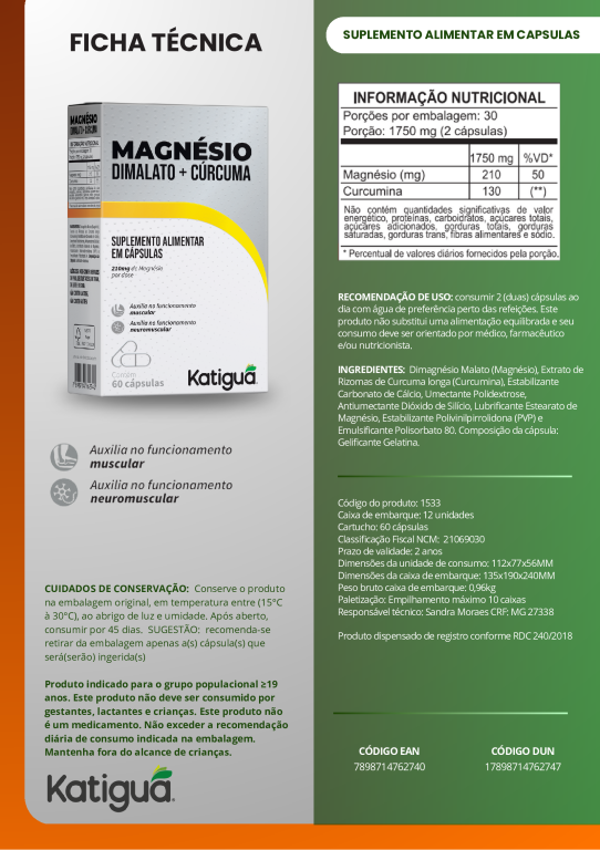 MAGNESIO DIMALATO + CURCUMA 210MG 60CAPS KATIGUA