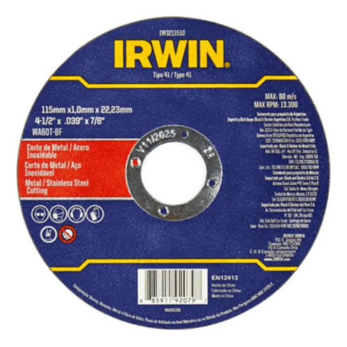 DISCO DE CORTE PARA METAL IRWIN 180 MM 7 POL. X 3,0 X 22,2 MM 7 POL. X 1/8 POL. 80 M/S