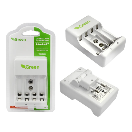CARREGADOR DE PILHA/BATERIA AA/AAA/9V - 100-240V AC 50/60HZ GREEN 044-0070