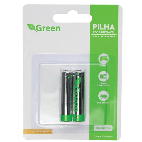 PILHA RECARREGAVEL 1.2V AAA 1000MAH - C/2 PÇS - GREEN 022-1210