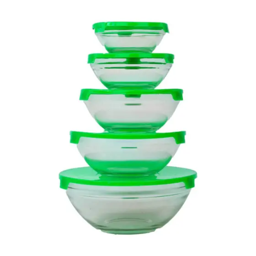 CONJUNTO 5 TIGELAS VASILHAS POTES BOWLS DE VIDRO COM TAMPA - VERDE MIXTOU 093-0081