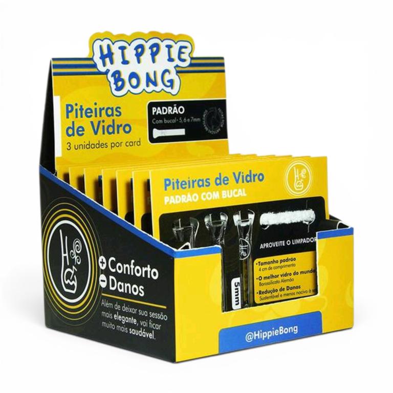 PITEIRA DE VIDRO HIPPIE BONG PADRAO C/ BUCAL C/7 CARDS C/3UND