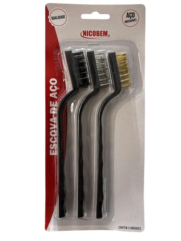 ESCOVA DE AÇO INOXIDAVEL 16,7X1,1CM  KIT C/3 PEÇAS NICOBEM