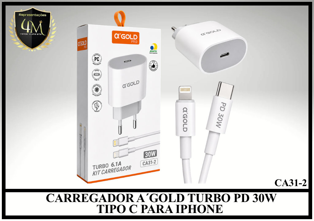 B04- CARREGADOR A´GOLD TURBO PD 30W TIPO C PARA IPHONE CA31-2