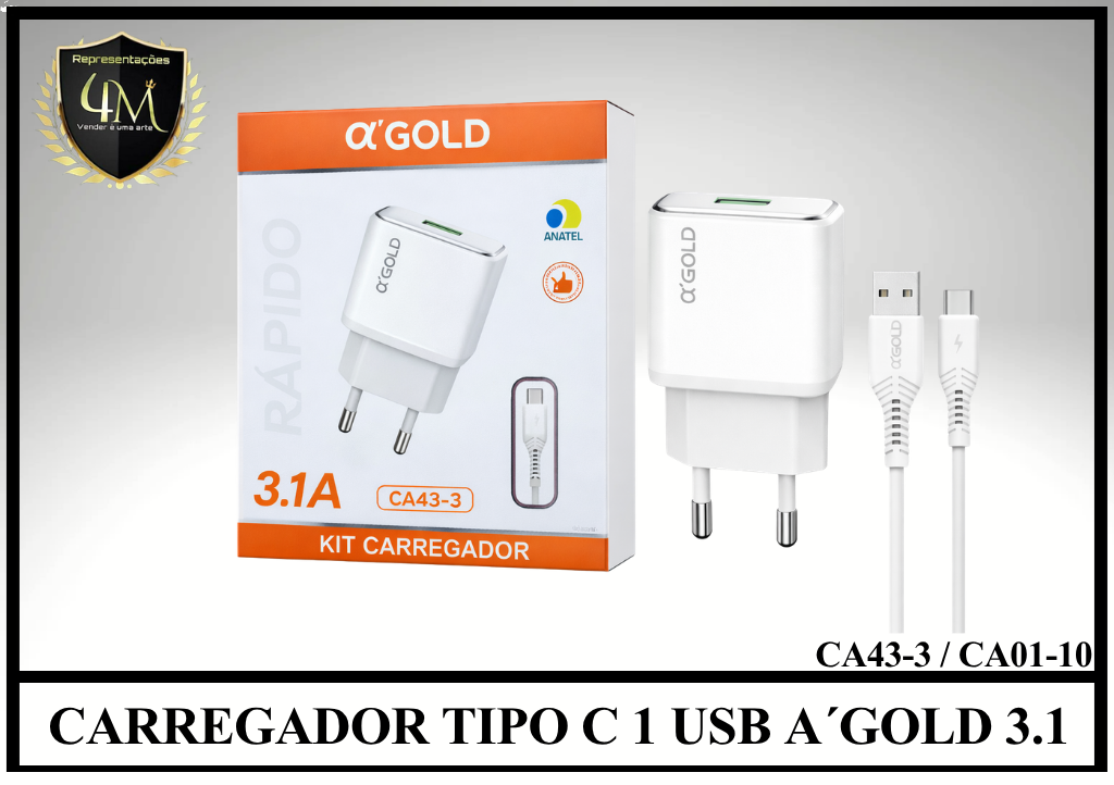 B12 - CARREGADOR TIPO C 1 USB A´GOLD 3.1 CA43-3 / CA01-10