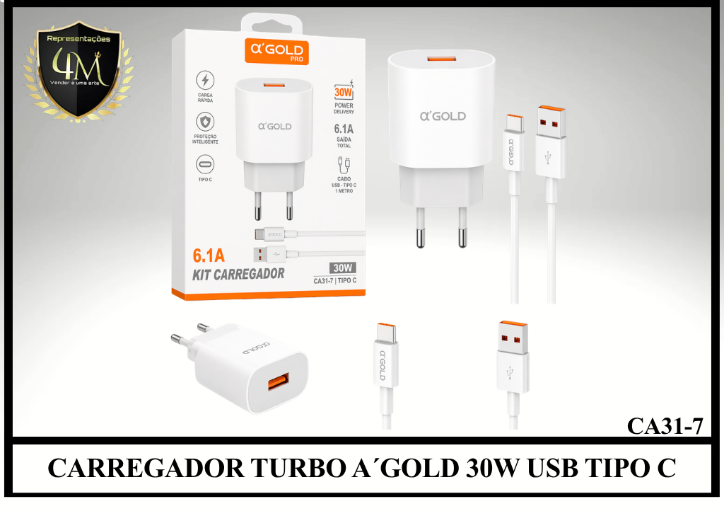 B43 - CARREGADOR TURBO A´GOLD 30W USB TIPO C CA31-7
