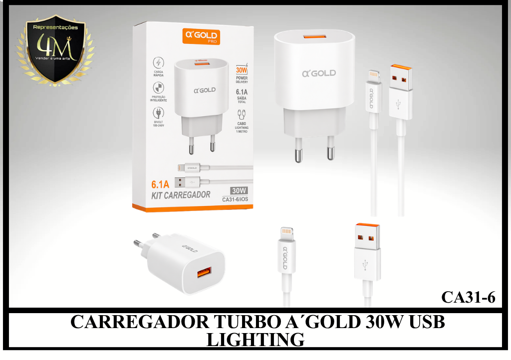 B42 - CARREGADOR TURBO A´GOLD 30W USB LIGHTING CA31-6