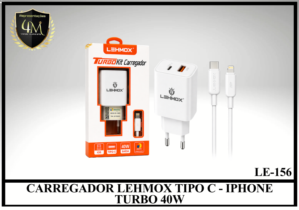 B20 - CARREGADOR LEHMOX TIPO C - IPHONE TURBO 40W LE-156
