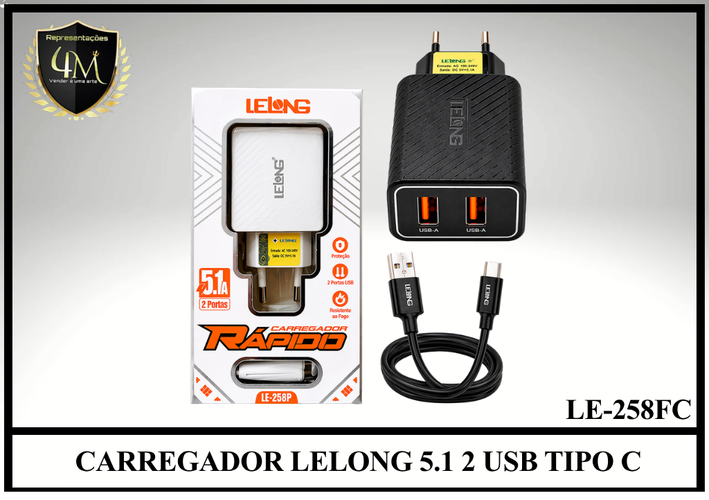 B23 - CARREGADOR LELONG 5.1 2 USB TIPO C LE-258FC