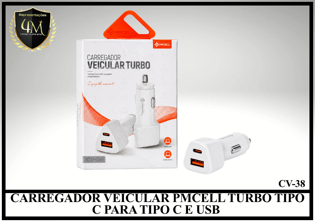 F05 - CARREGADOR VEICULAR PMCELL TURBO TIPO C PARA TIPO C E USB CV-38