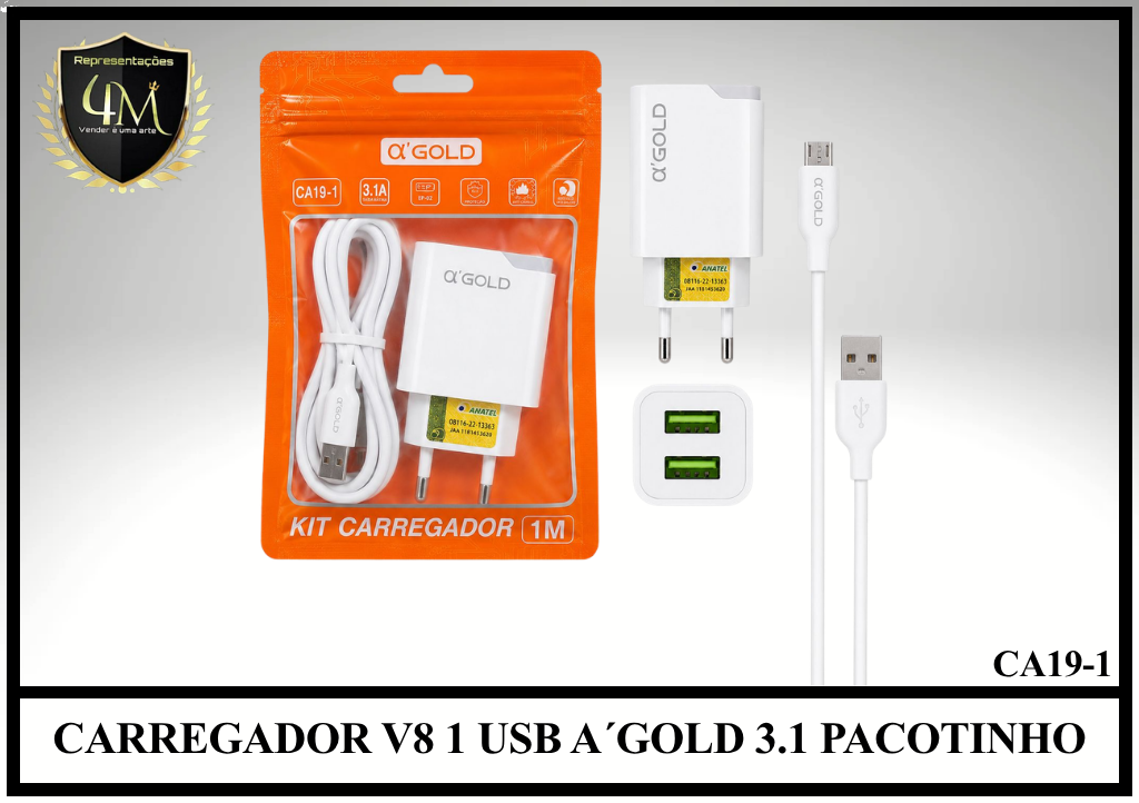 B32 - CARREGADOR V8 1 USB A´GOLD 3.1 PACOTINHO CA19-1