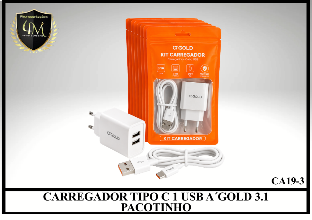 B33 - CARREGADOR TIPO C 1 USB A´GOLD 3.1 PACOTINHO CA19-3