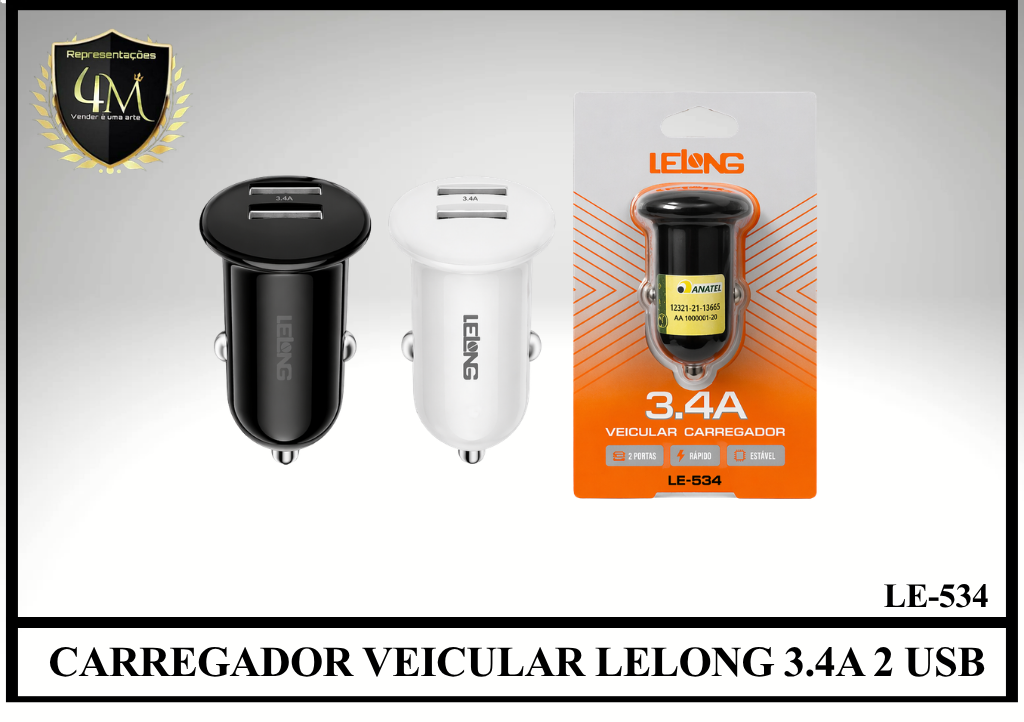 F07 - CARREGADOR VEICULAR LELONG 3.4A 2 USB LE-534