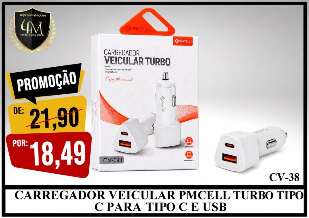 F08 - CARREGADOR VEICULAR PMCELL TURBO TIPO C PARA IPHONE E USB CV-38 #