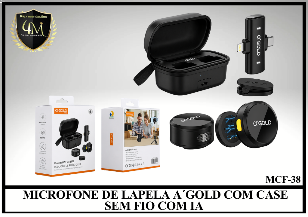 M01- MICROFONE DE LAPELA A´GOLD COM CASE SEM FIO COM IA MCF-38