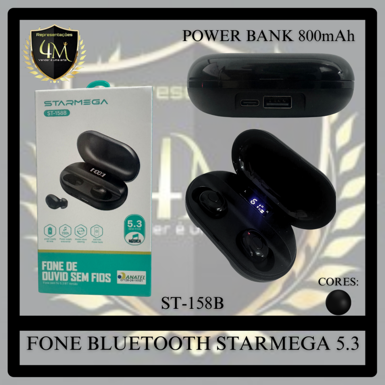 D70 - FONE BLUETOOTH STARMEGA C/BORRACHA E POWER BANK 800 mAh ST-158B