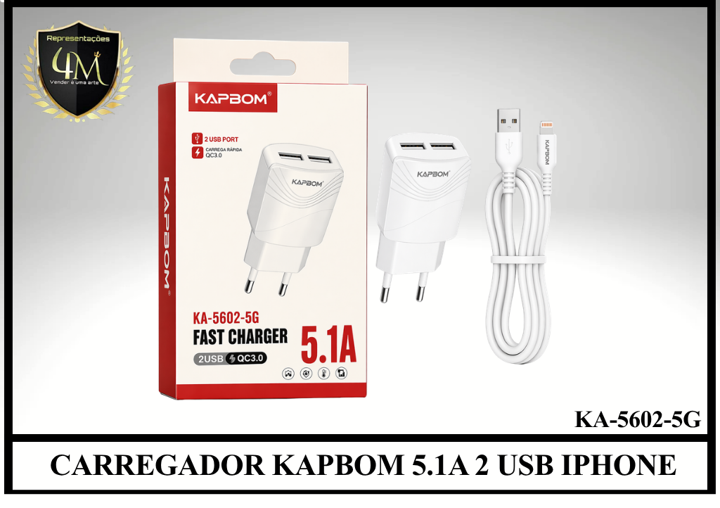 B38 - CARREGADOR KAPBOM 5.1A 2 USB IPHONE KA-5602-5G
