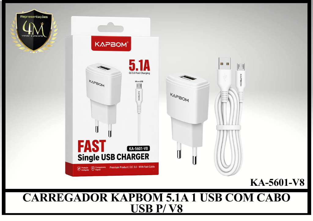 B39 - CARREGADOR KAPBOM 5.1A 1 USB COM CABO USB PARA V8 KA-5601-V8